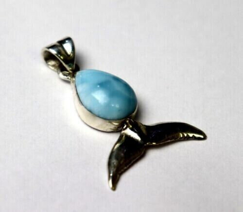 Lovely Natural Sky Blue Larimar .925 Sterling Silver Whale Tail Fin Pendant 38mm – photo 6