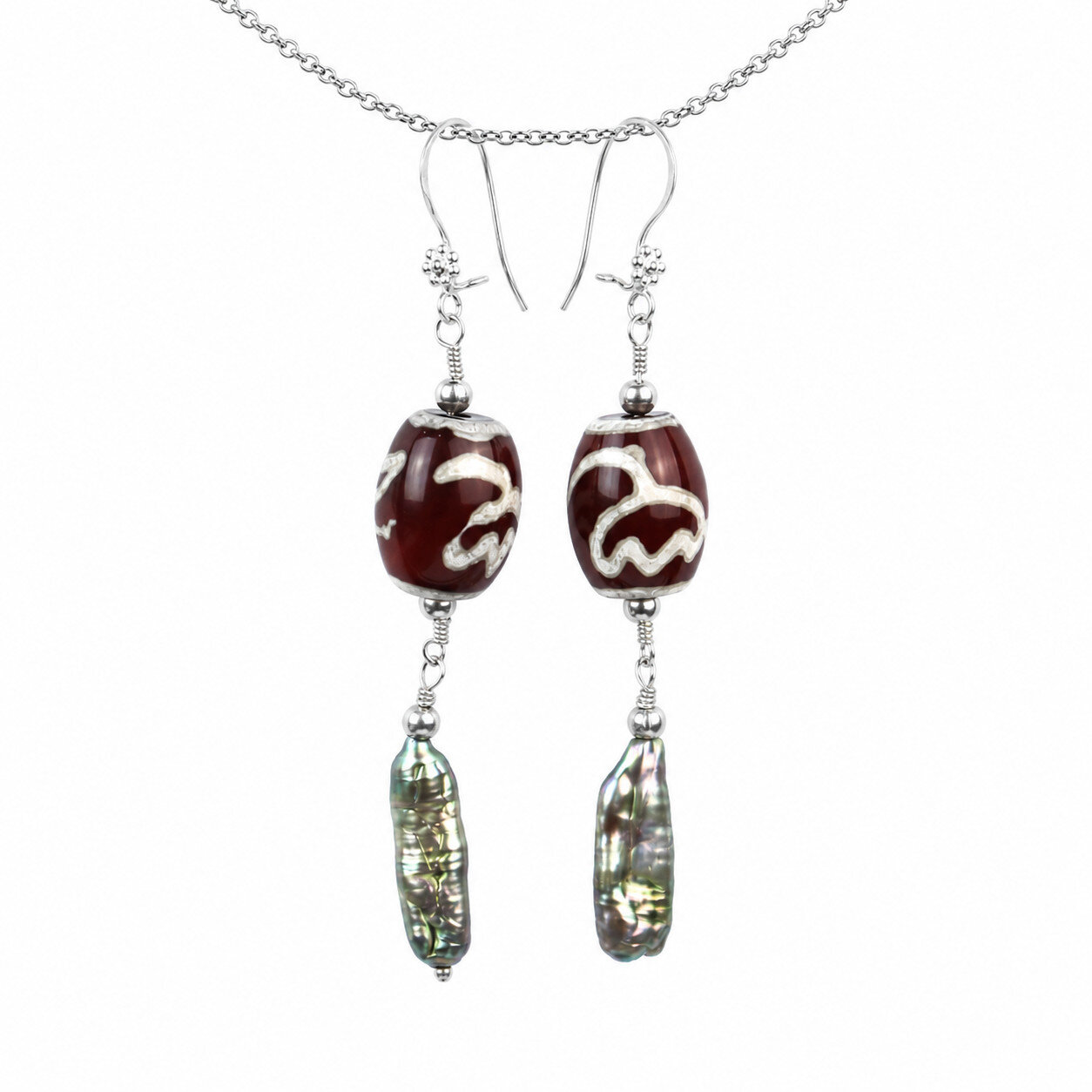 Elegant Fine Brown Iridescent Multicolor Agate & Abalone Shell Earrings 3.1 Inch – photo 3