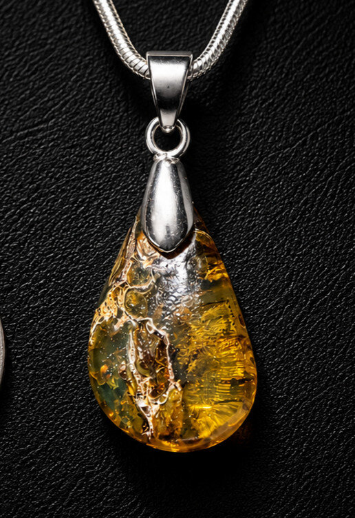 Natural Dominican Green Amber Pendant 925 Sterling Silver 38mm Polished Olive