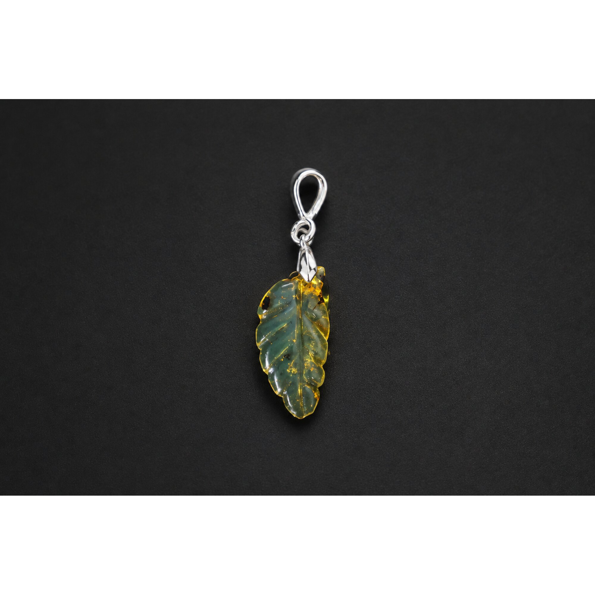 Clear sky blue Natural Dominican Amber leaf 925 Sterling Silver Pendant 34 mm – photo 4