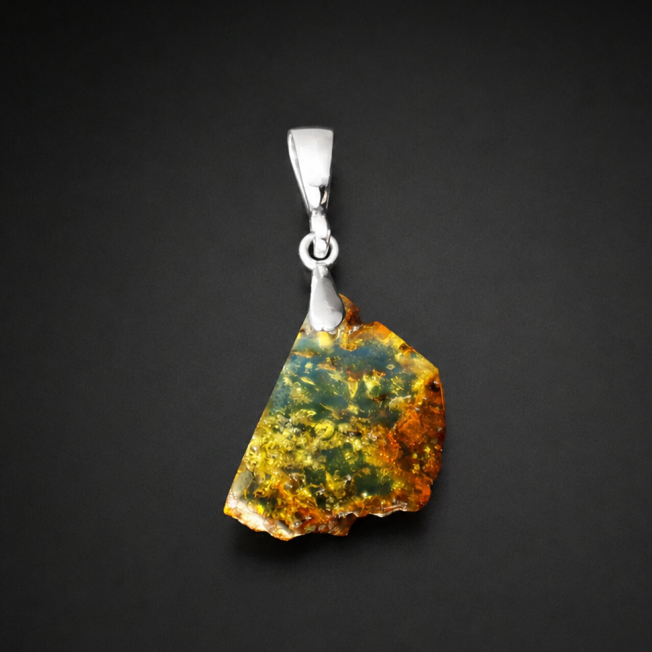 Translucent green blue Natural Dominican Amber slice 925 Sterling Pendant 32 mm