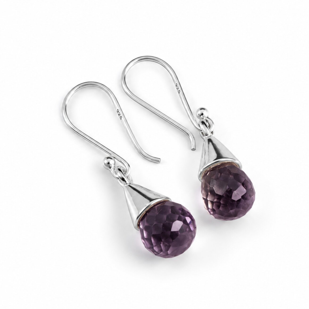 Clear purple Amethyst faceted pear 925 Sterling Silver Earrings 34 mm