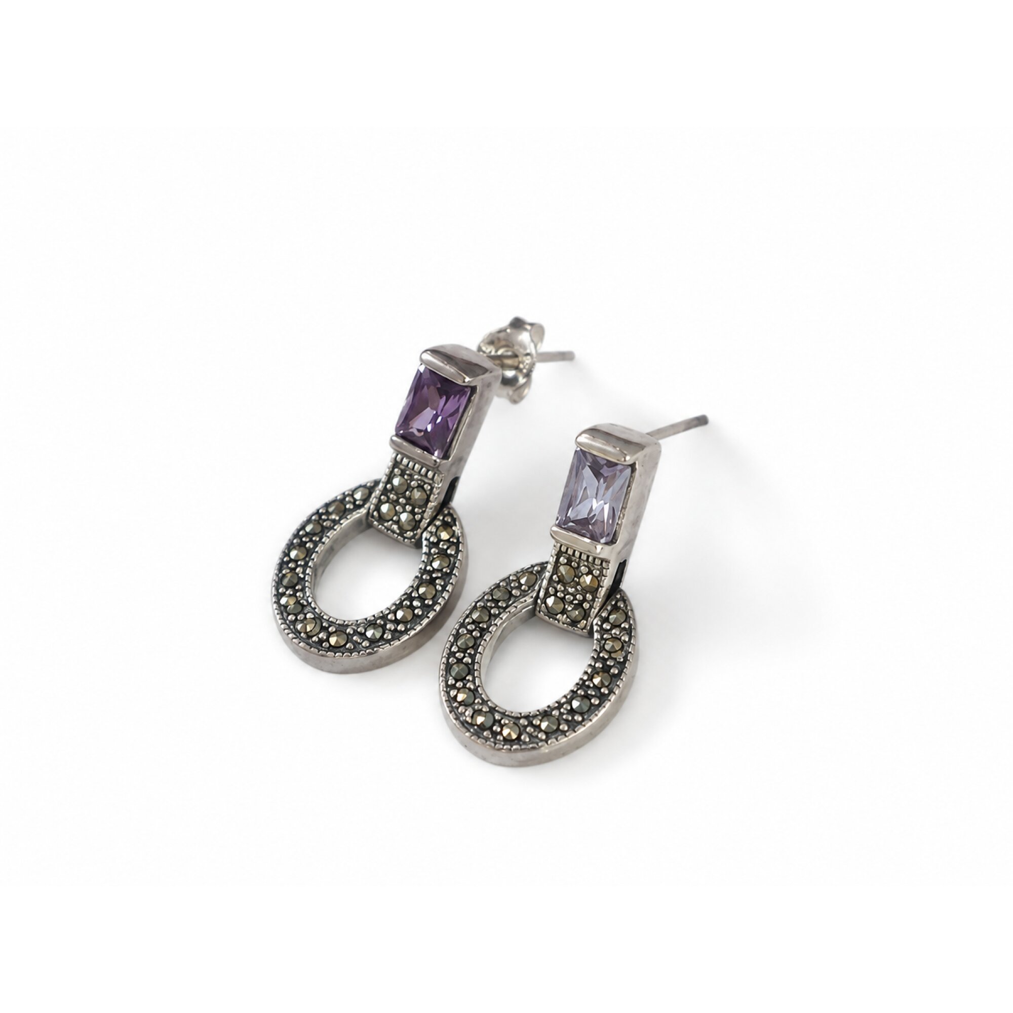 Clear light purple Natural amethyst with Marcasite 925 Sterling Earrings 24 mm – photo 5