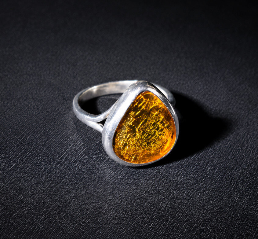 Fine Rare Yellow Amber 925 Sterling Silver Ring US#5.5 free resize