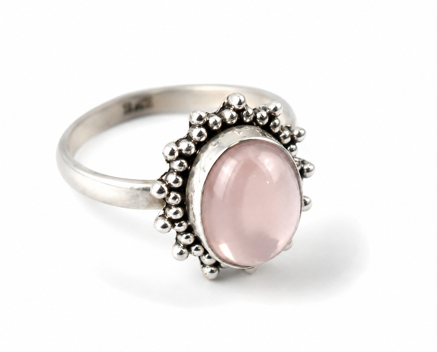 Authentic Beautiful Pink Rose Quartz 925 Sterling Silver Oval Ring US#7 1/2