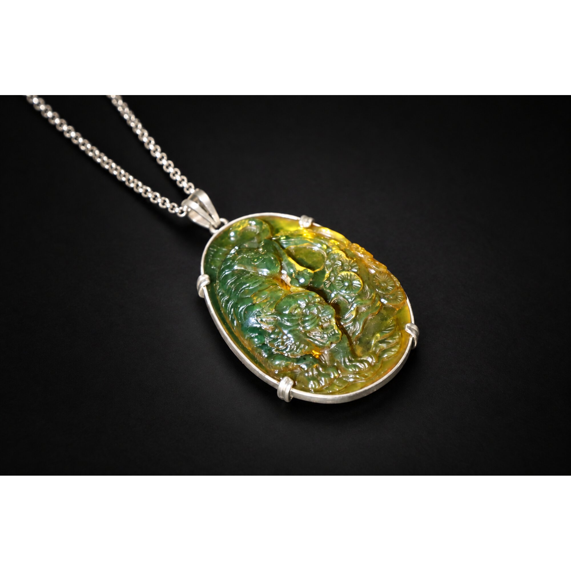Hand Carved Tiger Dominican Green Amber Sterling Silver Pendant 64mm – photo 5