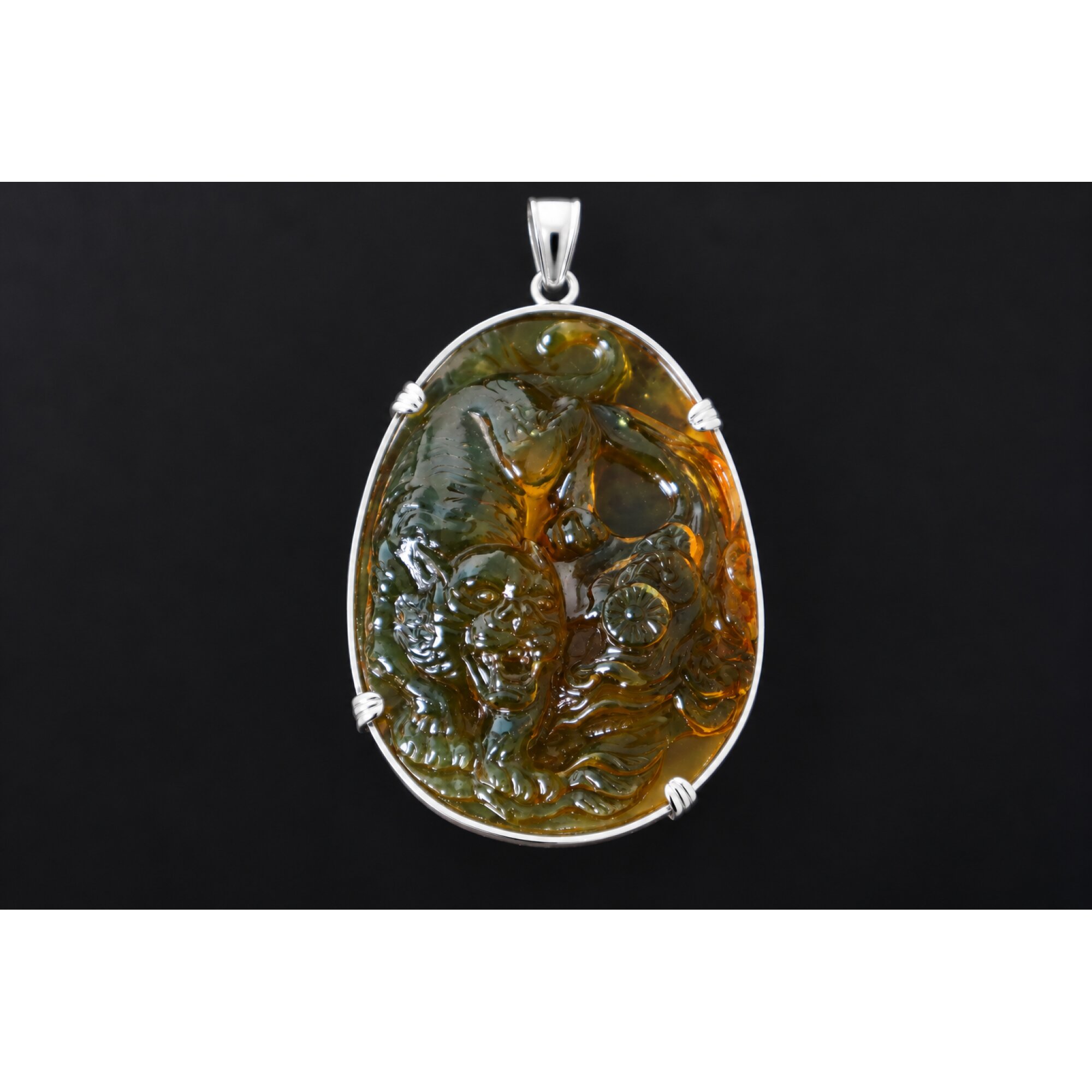 Hand Carved Tiger Dominican Green Amber Sterling Silver Pendant 64mm – photo 10