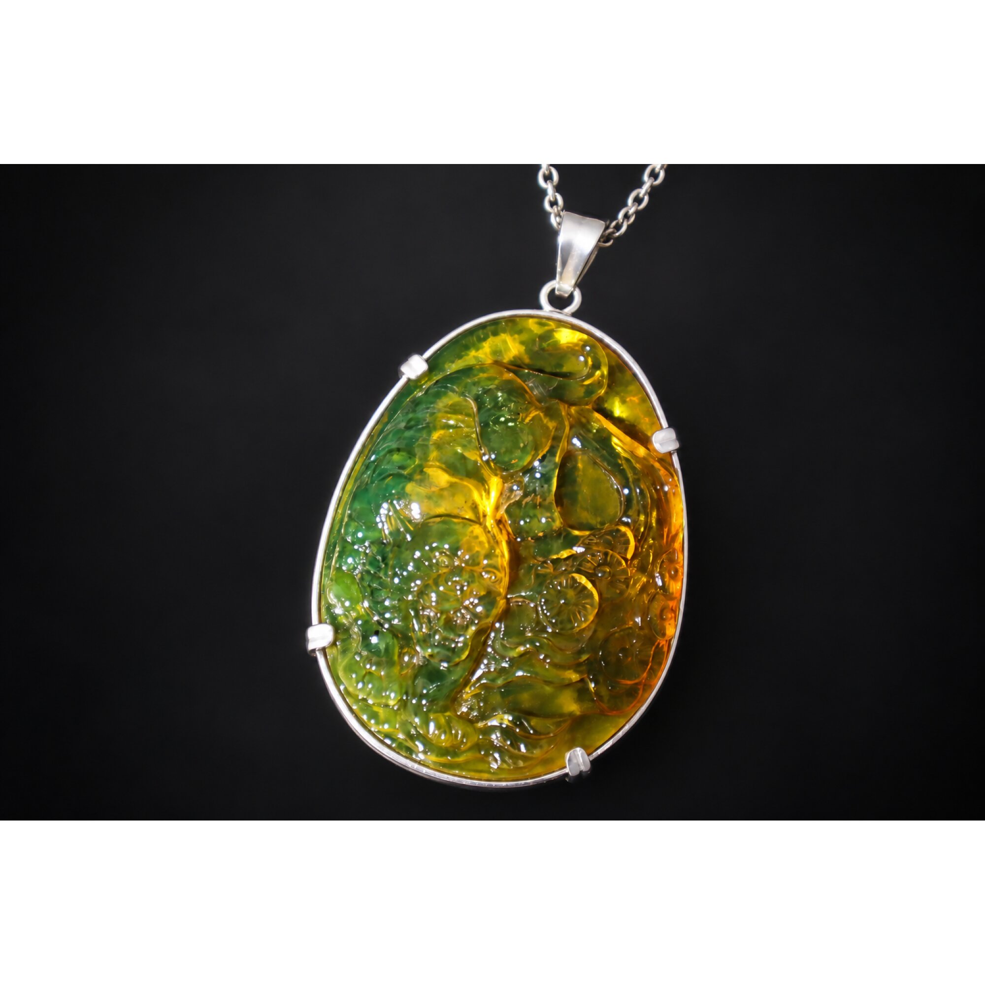 Hand Carved Tiger Dominican Green Amber Sterling Silver Pendant 64mm – photo 11