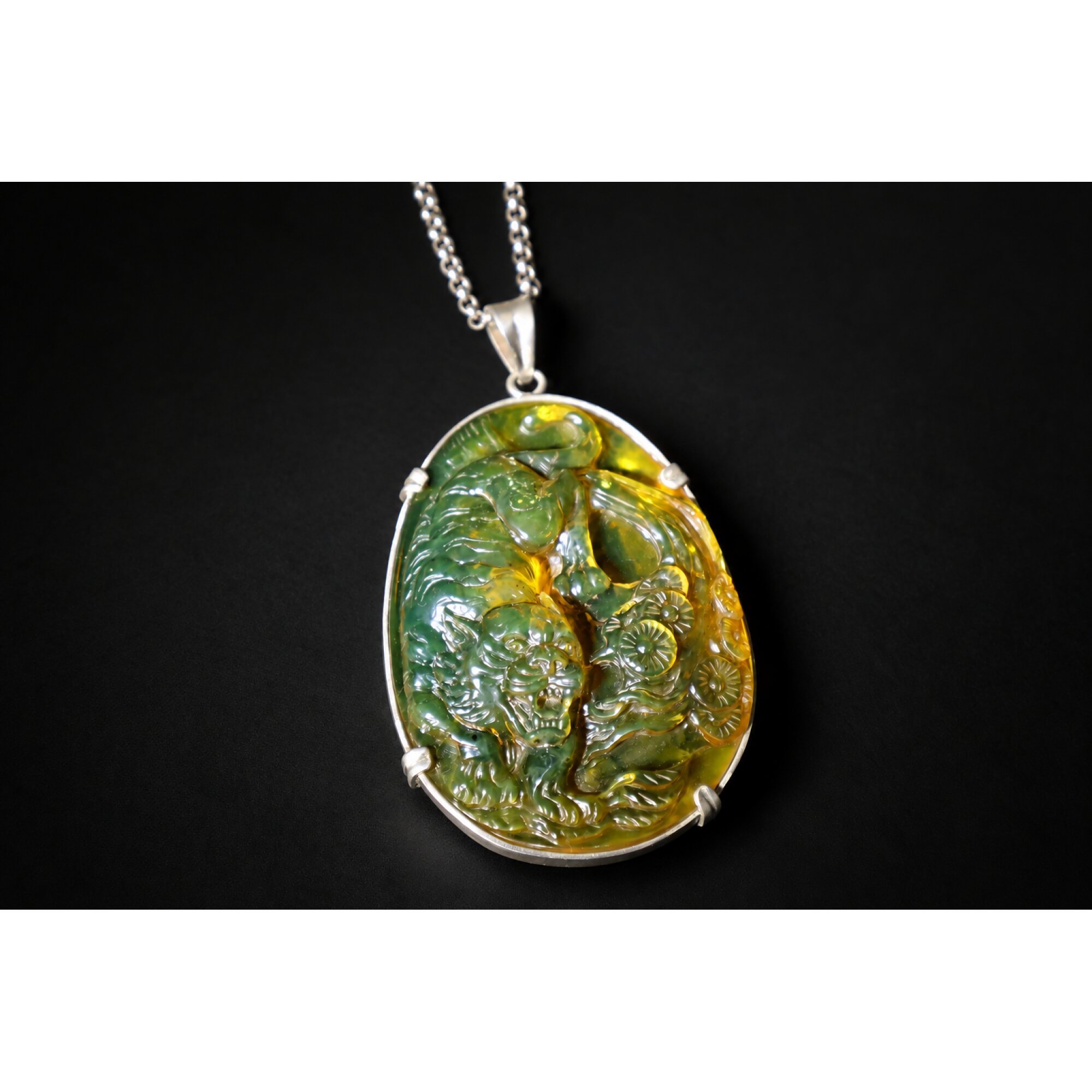 Hand Carved Tiger Dominican Green Amber Sterling Silver Pendant 64mm – photo 13