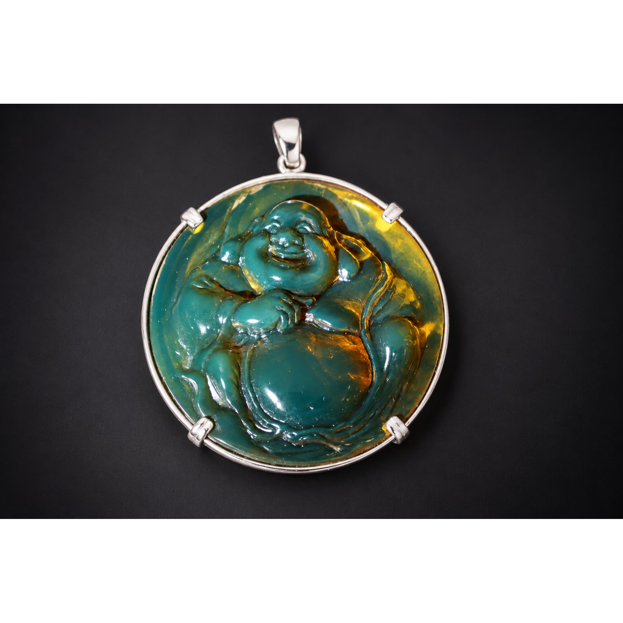 Expertly hand carved cognac green Dominican amber sterling silver pendant 63mm – photo 14