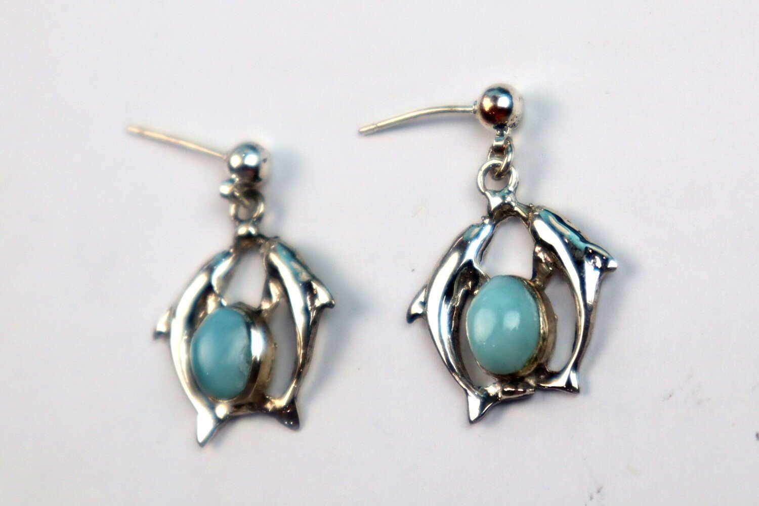 Impressive Natural Sky Blue Larimar .925 Sterling Silver Dolphin Earrings 28.0mm – photo 5