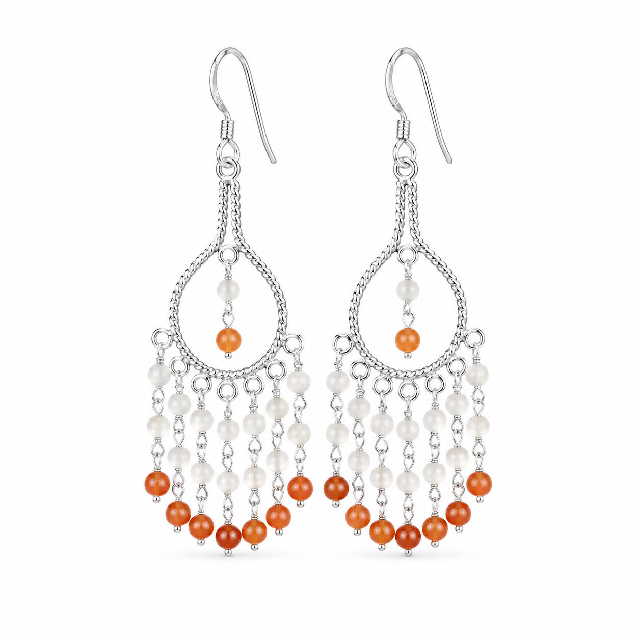 Elegant White Orange Moonstone & Carnelian 925 Sterling Silver Earrings 3 inch