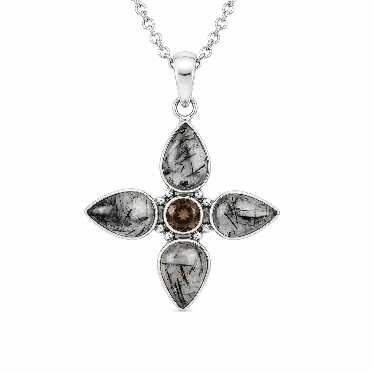 Elegant Fine White Black Tourmalinated Quartz 925 Sterling Silver Cross Pendant