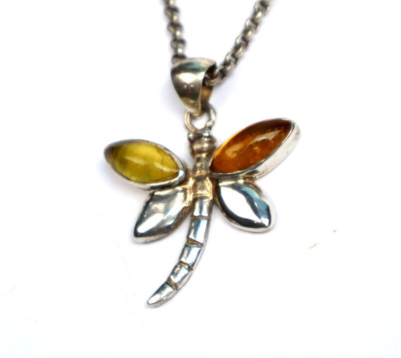 Natural Clear Orange Yellow Amber .925 Sterling Silver Dragonfly Pendant 40mm – photo 5