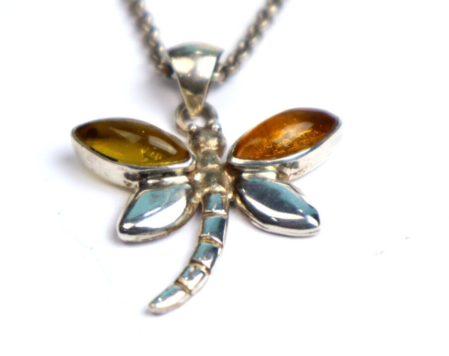 Natural Clear Orange Yellow Amber .925 Sterling Silver Dragonfly Pendant 40mm – photo 7