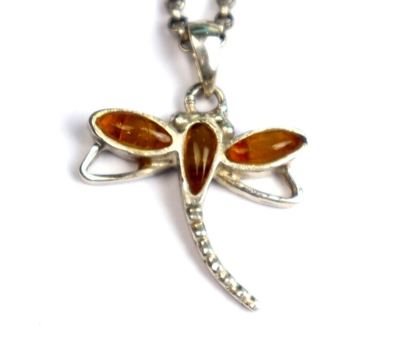 Natural Clear Yellow Orange Amber .925 Sterling Silver Dragonfly Pendant 34mm – photo 3