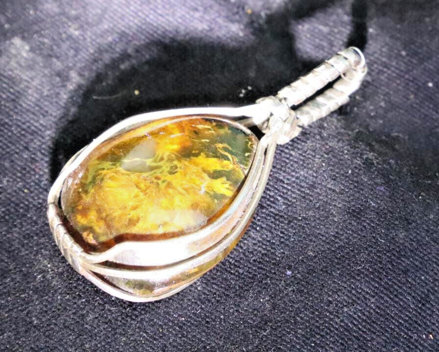 Handcrafted Wired Natural Clear Sky Green Amber 925 Sterling Silver Pendant 47mm – photo 7