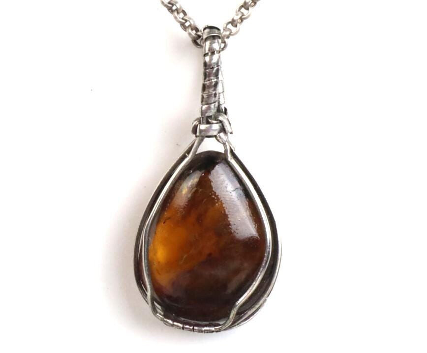 Handcrafted Wired Natural Clear Sky Green Amber 925 Sterling Silver Pendant 47mm – photo 10