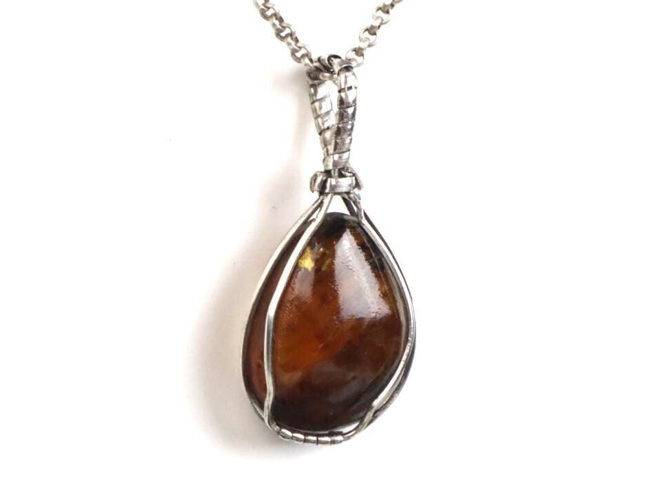 Handcrafted Wired Natural Clear Sky Green Amber 925 Sterling Silver Pendant 47mm – photo 11
