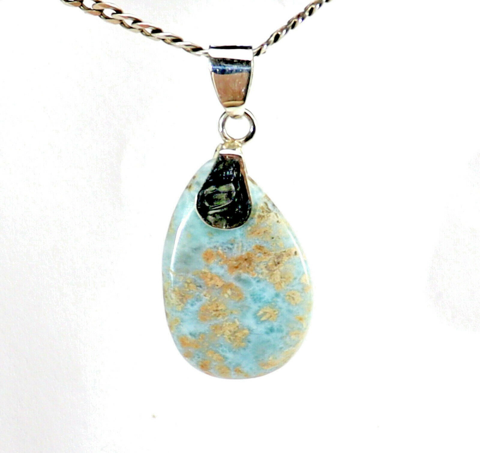 Unusual Pattern Natural Ocean Blue Larimar .925 Sterling Silver Pendant 1.6inch – photo 4