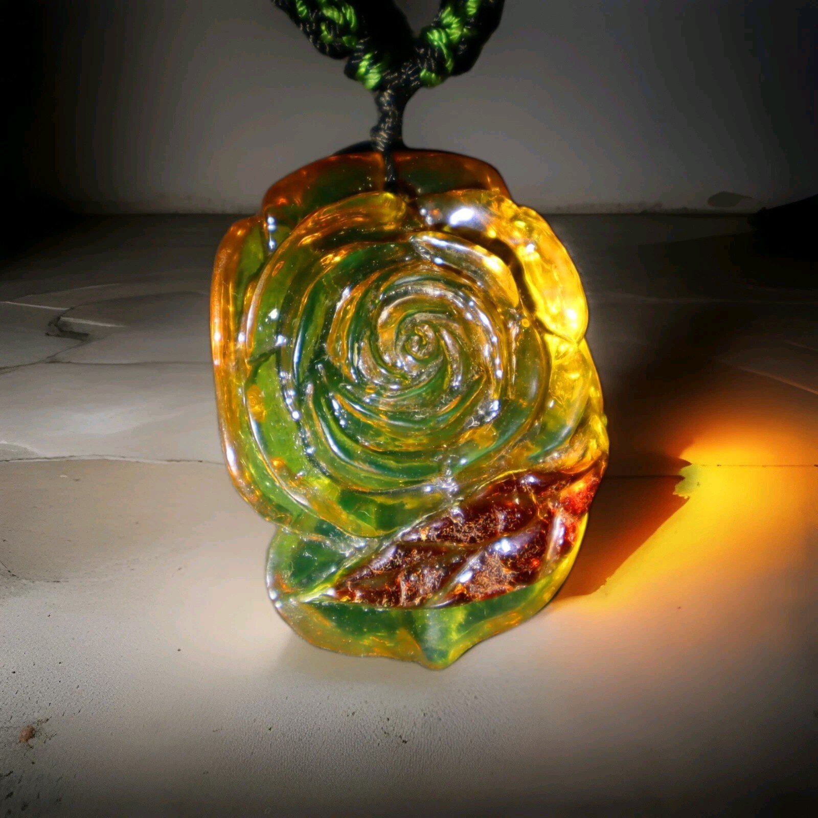 Hand-Carved Dominican Green Amber Pendant – Floral Design – photo 5