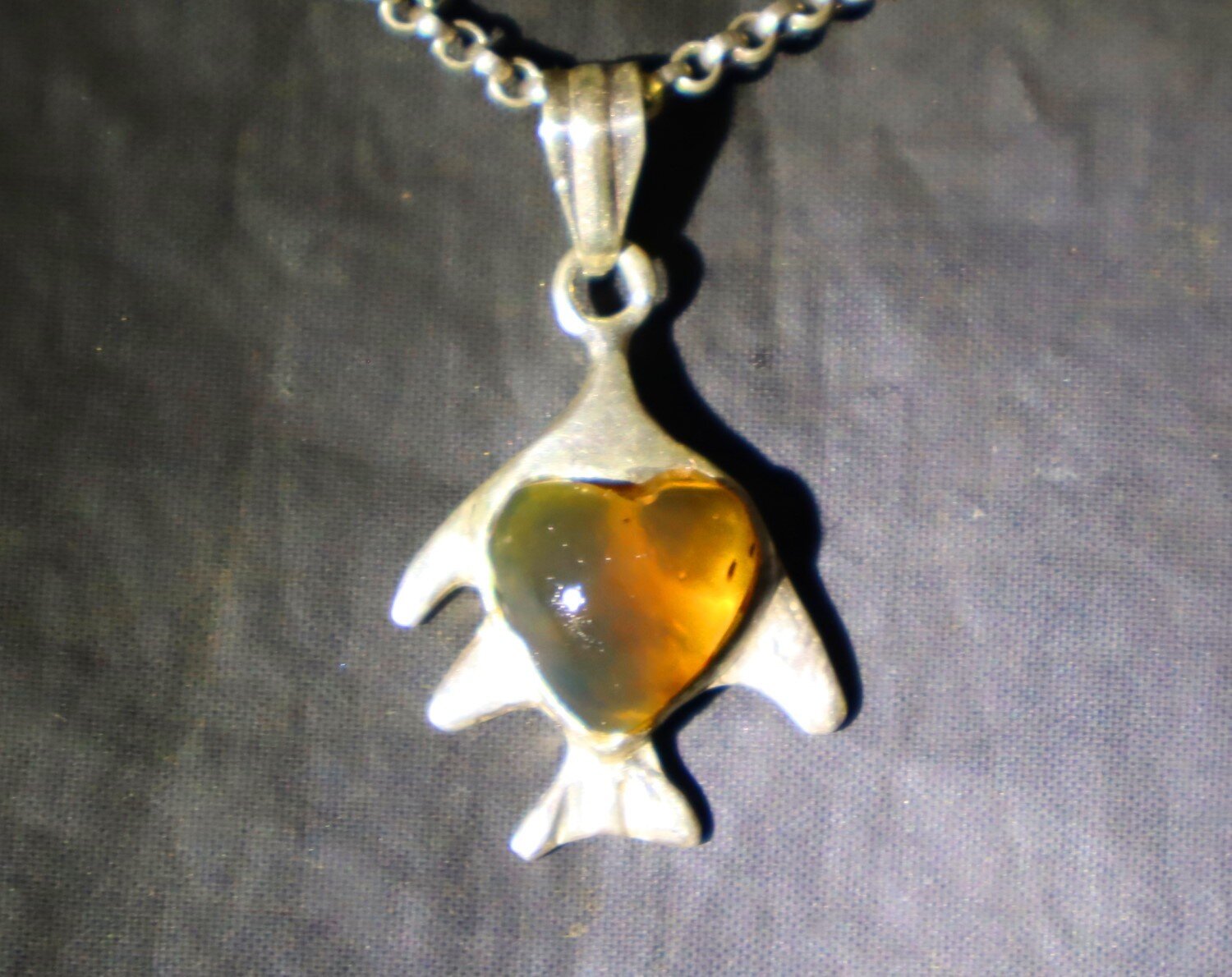 Clear Light Brown Amber .925 Sterling Silver Heart Fish Pendant 38mm – photo 7
