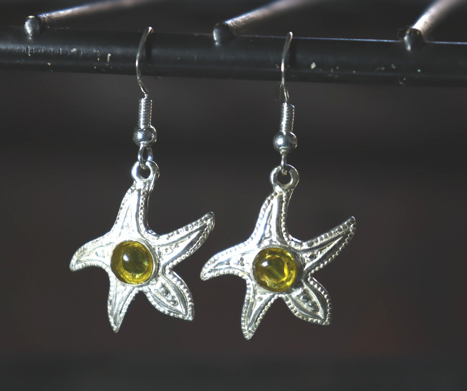 Natural Clear Yellow Amber .925 Sterling Silver Sea Star Starfish Earrings 1.7" – photo 3
