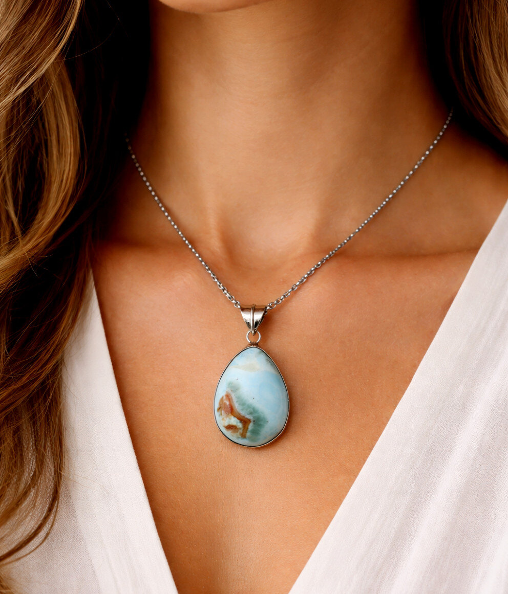 Heavy 75CT Exquisite Natural Ocean Blue Larimar 925 Sterling Silver Pendant 42mm – photo 4