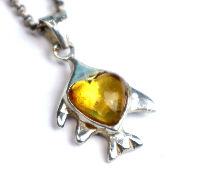 Natural Clear Orange Yellow Amber .925 Sterling Silver Fish Heart Pendant 36mm – photo 4